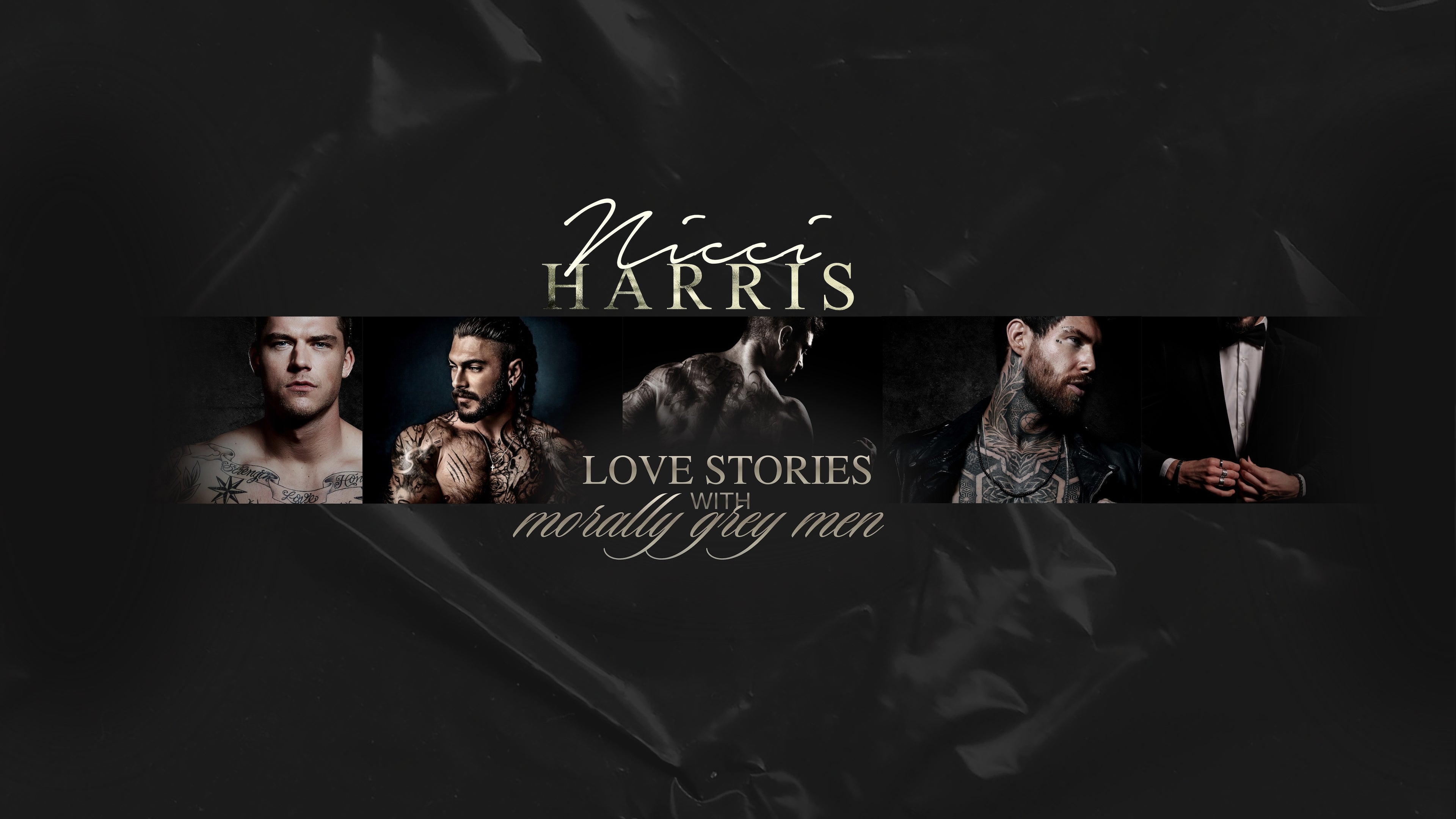 Author Nicci Harris is a bestselling romance author. This is her promotional banner for 'Love Stories with Morally Gay Men.'