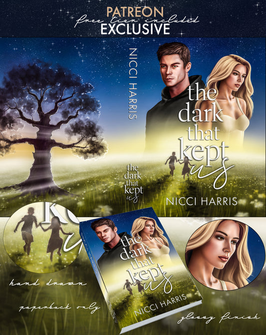 Book cover and promotional collage for the novel 'The Dark That Kept Us' by Nicci Harris, showing two young adults in a field at dusk, a large tree silhouette, circular character portraits, and a paperback edition angled in front. Text includes 'Patreon free book included EXCLUSIVE' and 'hand drawn paperback only'.